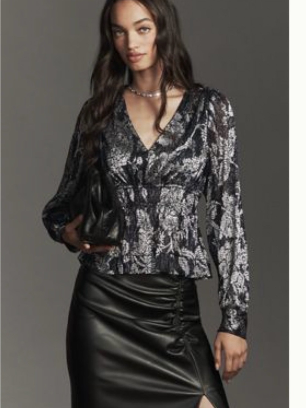 Nwt Black Metallic Patterned V-Neck Blouse